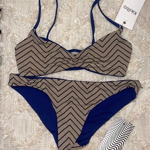 Free People x Kikirio almond butter blue/tan SM & XS bikini swim suit two piece